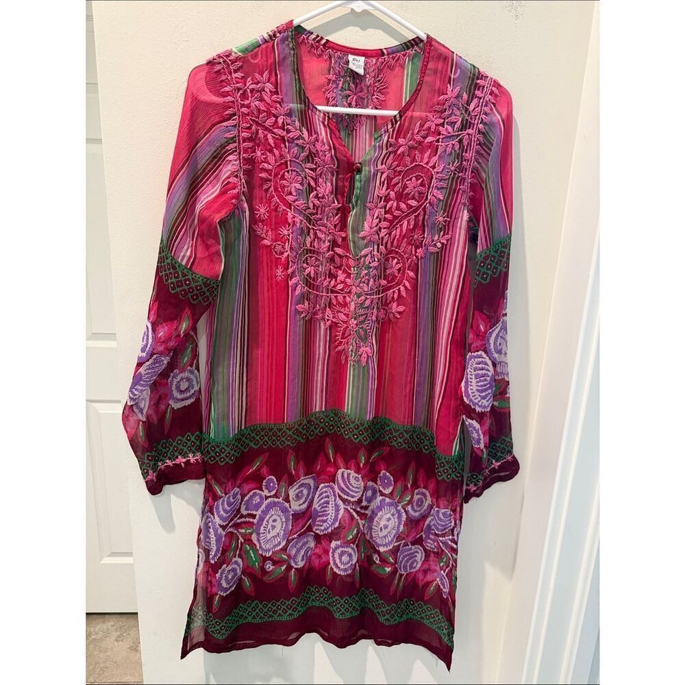 Raj 100% silk embroidered Tunic Cover Up resort wear Floral pink size Small